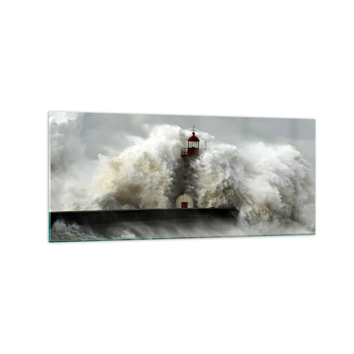 Glasbild - Bild auf glas - Ein Leuchtturm, umgeben von rauen Wellen während eines Sturms - 120x50cm - Die Wut des Ozeans - Moderne Wanddekoration für Wohnzimmer und Schlafzimmer ARTTOR