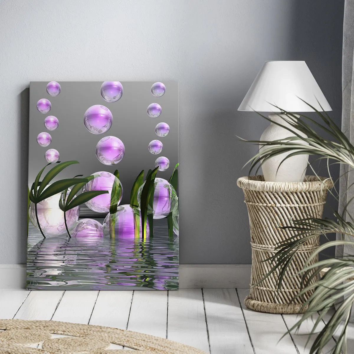 Bild auf Leinwand - Leinwandbild - Grüne Blätter und rosa Blasen über dem Wasser auf grauem Hintergrund - 50x70cm - Eine reflektierende Komposition aus Leichtigkeit und Leben - Moderne Wanddekoration für Wohnzimmer und Schlafzimmer ARTTOR