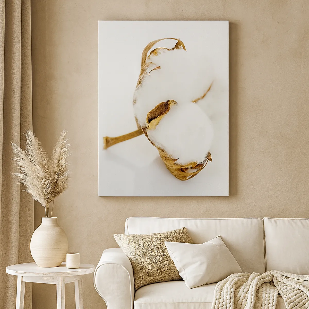 Bild auf Leinwand - Leinwandbild - Ein Baumwollzweig auf hellem Hintergrund in minimalistischem Ansatz - 50x70cm - Von Natur aus weich - Moderne Wanddekoration für Wohnzimmer und Schlafzimmer ARTTOR