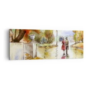 Bild auf Leinwand - Leinwandbild - Ein Spaziergang im Herbstpark mit einem Regenschirm - 140x50cm - Romantischer Herbst im Park - Moderne Wanddekoration für Wohnzimmer und Schlafzimmer ARTTOR