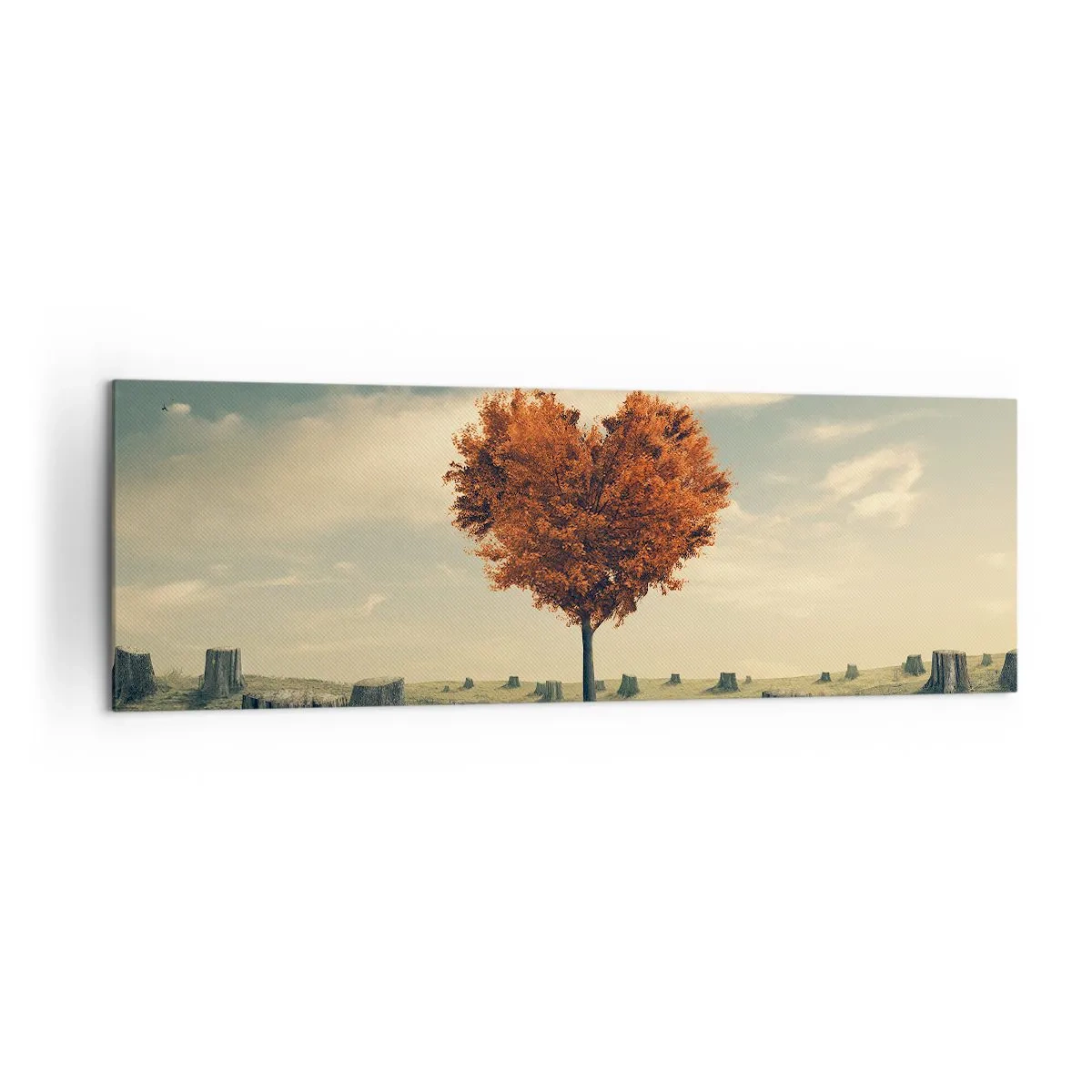Bild auf Leinwand - Leinwandbild - Ein herzförmiger Baum in einem Feld aus Baumstümpfen, ein Symbol der Hoffnung - 160x50cm - Es gibt noch Hoffnung - Moderne Wanddekoration für Wohnzimmer und Schlafzimmer ARTTOR
