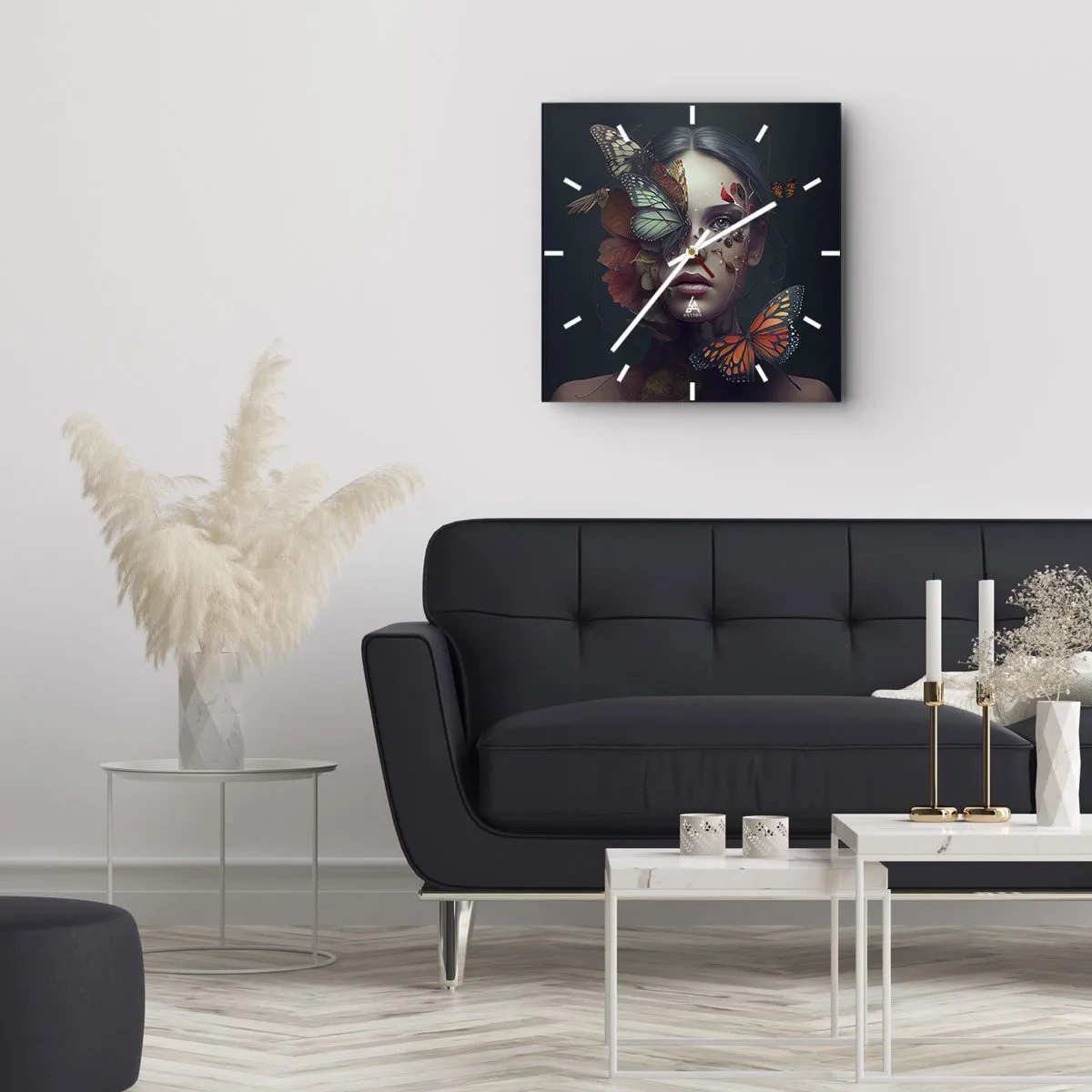 Wanduhr - Glasuhr - Porträt einer Frau mit Schmetterlingen und Pflanzenelementen - 30x30cm - Wunderbare Metamorphose - Moderne Wanddekoration für Wohnzimmer und Schlafzimmer ARTTOR