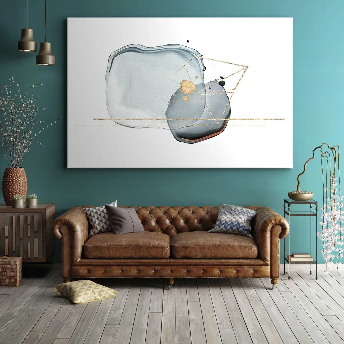 Bild auf Leinwand - Leinwandbild - Abstrakte Formen in Blau- und Goldtönen auf weißem Hintergrund - 70x50cm - Eine Studie über Tropfen - Moderne Wanddekoration für Wohnzimmer und Schlafzimmer ARTTOR