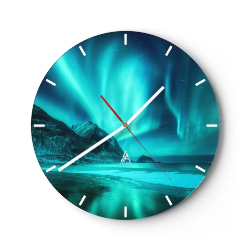 Wanduhr - Glasuhr - Aurora Borealis über der bergigen Küste bei Nacht - 30x30cm - Wunder des Nordens - Moderne Wanddekoration für Wohnzimmer, Küche und Schlafzimmer ARTTOR