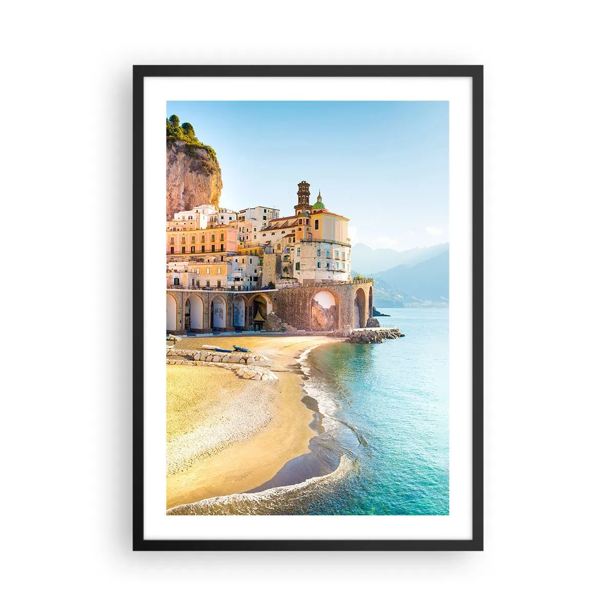 Poster in einem schwarzem Rahmen - Eine malerische italienische Stadt am Meer - 50x70cm - Die Stadt ist unglaublich - Moderne Wanddekoration für Wohnzimmer und Schlafzimmer ARTTOR