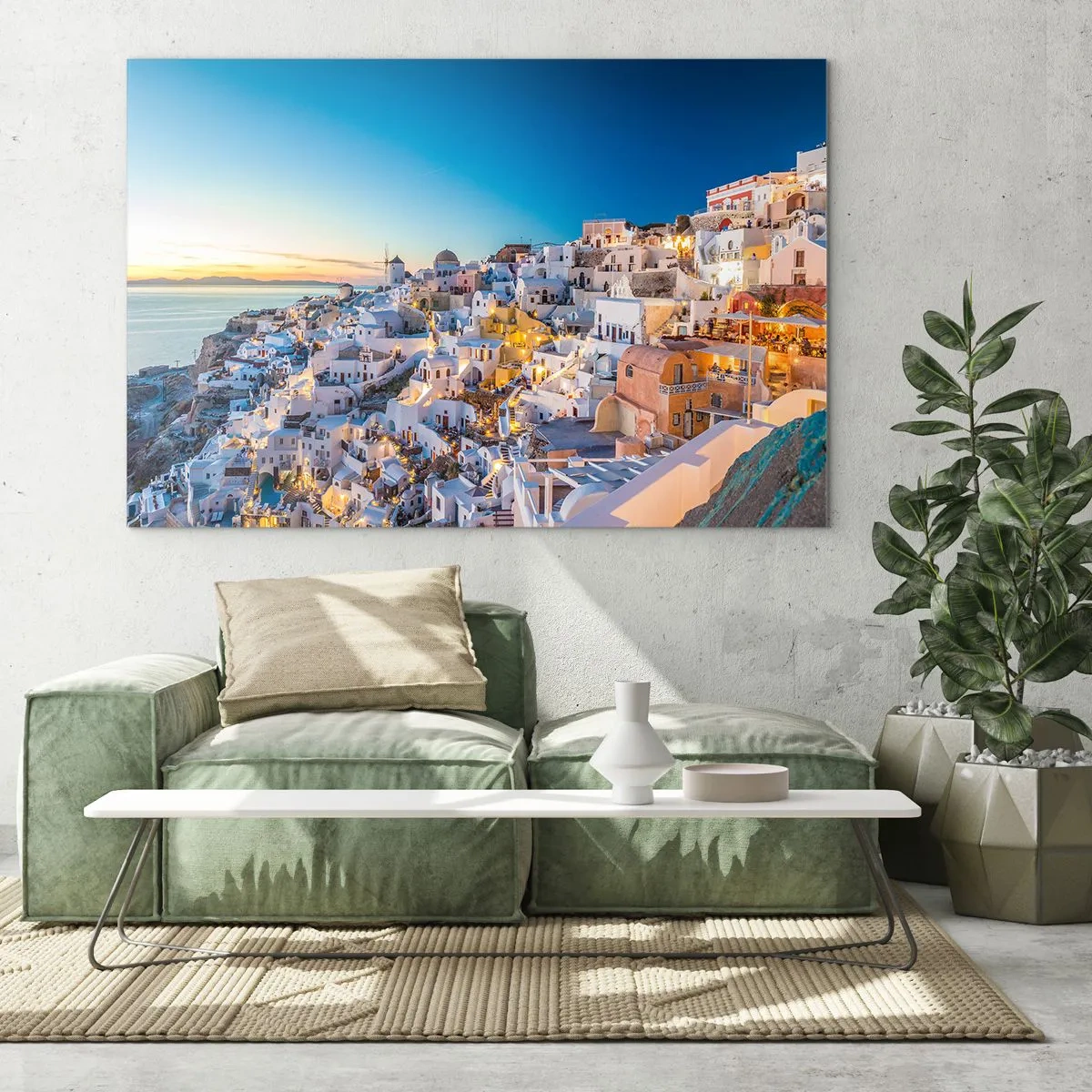 Glasbild - Bild auf glas - Panorama von Santorin bei Sonnenuntergang - 70x50cm - Die Essenz des Griechischen - Moderne Wanddekoration für Wohnzimmer und Schlafzimmer ARTTOR
