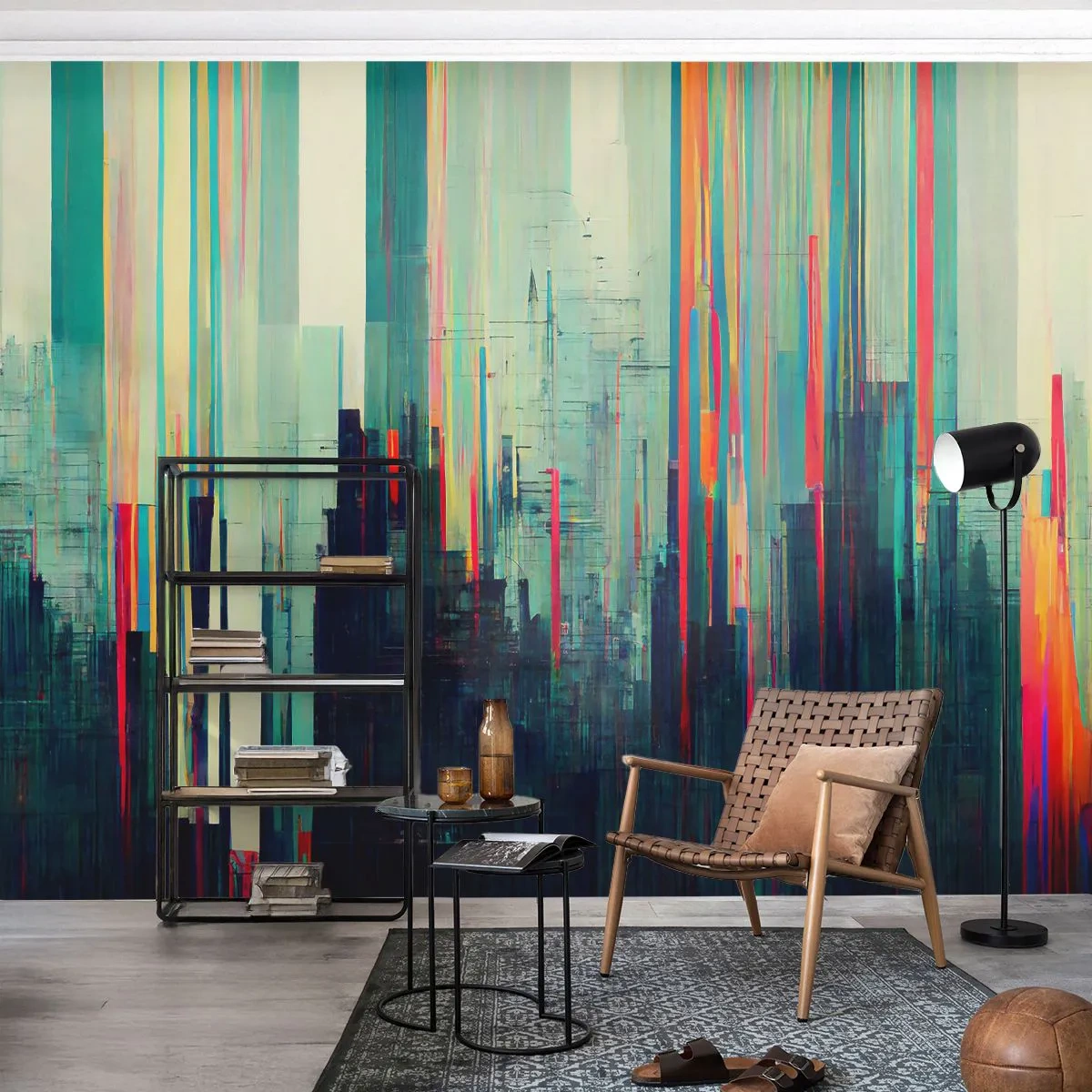 Fototapete Premium Canvas - Abstraktion mit vertikalen Linien und einer Stadtsilhouette - 100x70cm - Futuristische Stadt - Moderne Wanddekoration für Wohnzimmer und Schlafzimmer ARTTOR