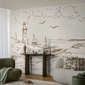 Fototapete Premium Canvas - Ein Überblick über die Erinnerungen an den Sommer - Grafik, Küste, Leuchtturm - 250x175 cm