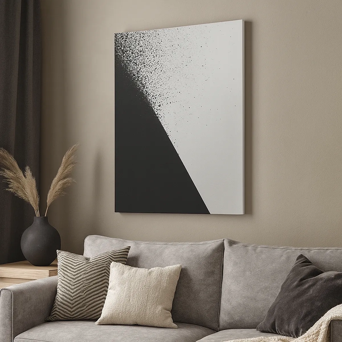 Bild auf Leinwand - Leinwandbild - Minimalistische Abstraktion in Schwarz und Weiß mit verstreuten Punkten - 50x70cm - Immer schneller, immer mehr - Moderne Wanddekoration für Wohnzimmer und Schlafzimmer ARTTOR