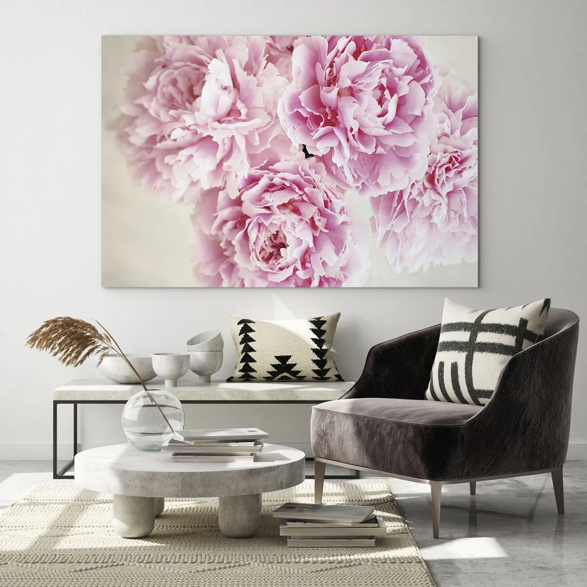 Glasbild - Bild auf glas - Ein Strauß voller rosa Pfingstrosen auf hellem Hintergrund - 120x80cm - In rosa Glamour - Moderne Wanddekoration für Wohnzimmer und Schlafzimmer ARTTOR