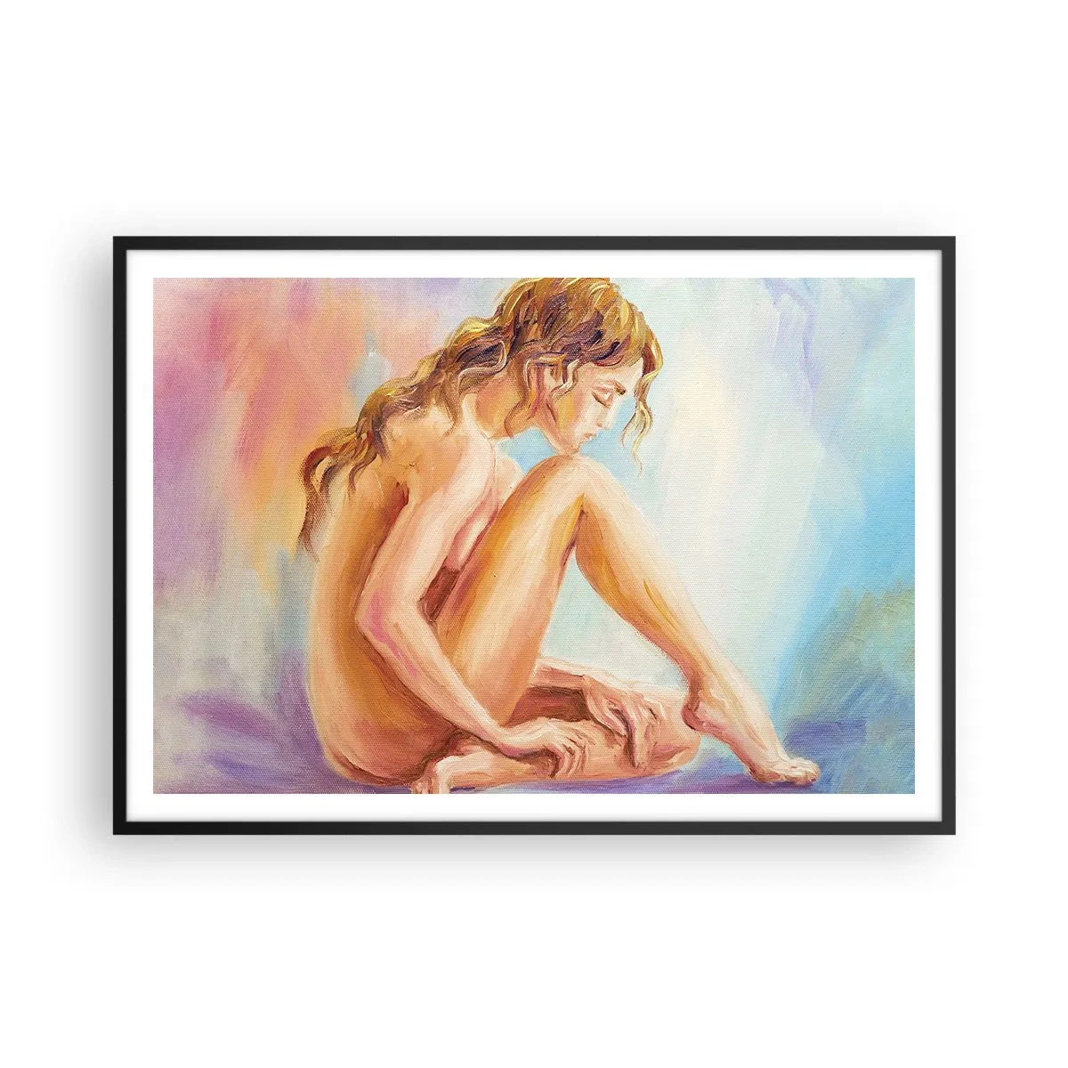 Poster in einem schwarzem Rahmen - Eine zarte Figur einer Frau auf einem pastellfarbenen Hintergrund - 100x70cm - Akt der Jugend - Moderne Wanddekoration für Wohnzimmer und Schlafzimmer ARTTOR