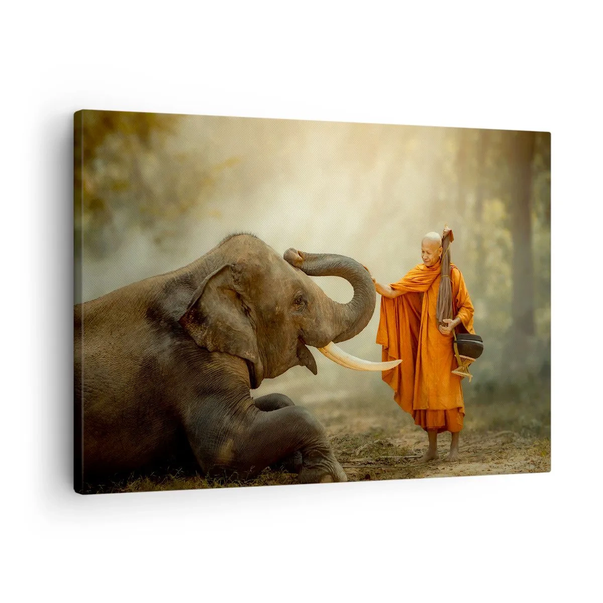 Bild auf Leinwand - Leinwandbild - Ein Mönch und ein Elefant in Harmonie vor der Kulisse der Natur - 70x50cm - Treffen unterwegs - Moderne Wanddekoration für Wohnzimmer und Schlafzimmer ARTTOR
