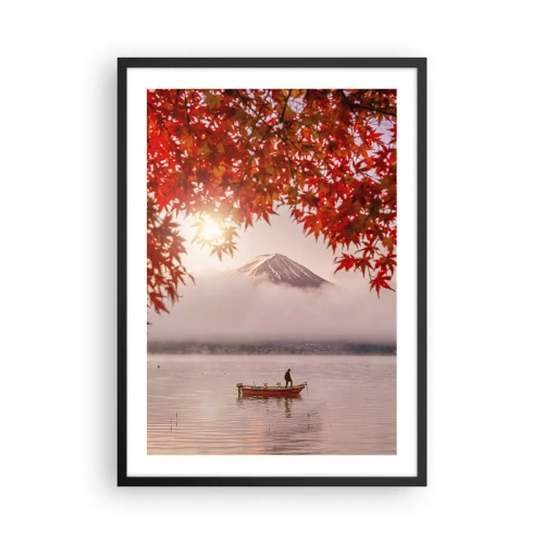 Poster in einem schwarzem Rahmen - Mount Fuji mit einem Boot auf einem See und Herbstlaub - 50x70cm - Im japanischen Klima - Moderne Wanddekoration für Wohnzimmer und Schlafzimmer ARTTOR
