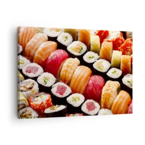 Bild auf Leinwand - Leinwandbild - Buntes Sushi in Reihen angeordnet mit verschiedenen Toppings - 70x50cm - Farben und Aromen Asiens - Moderne Wanddekoration für Wohnzimmer und Schlafzimmer ARTTOR