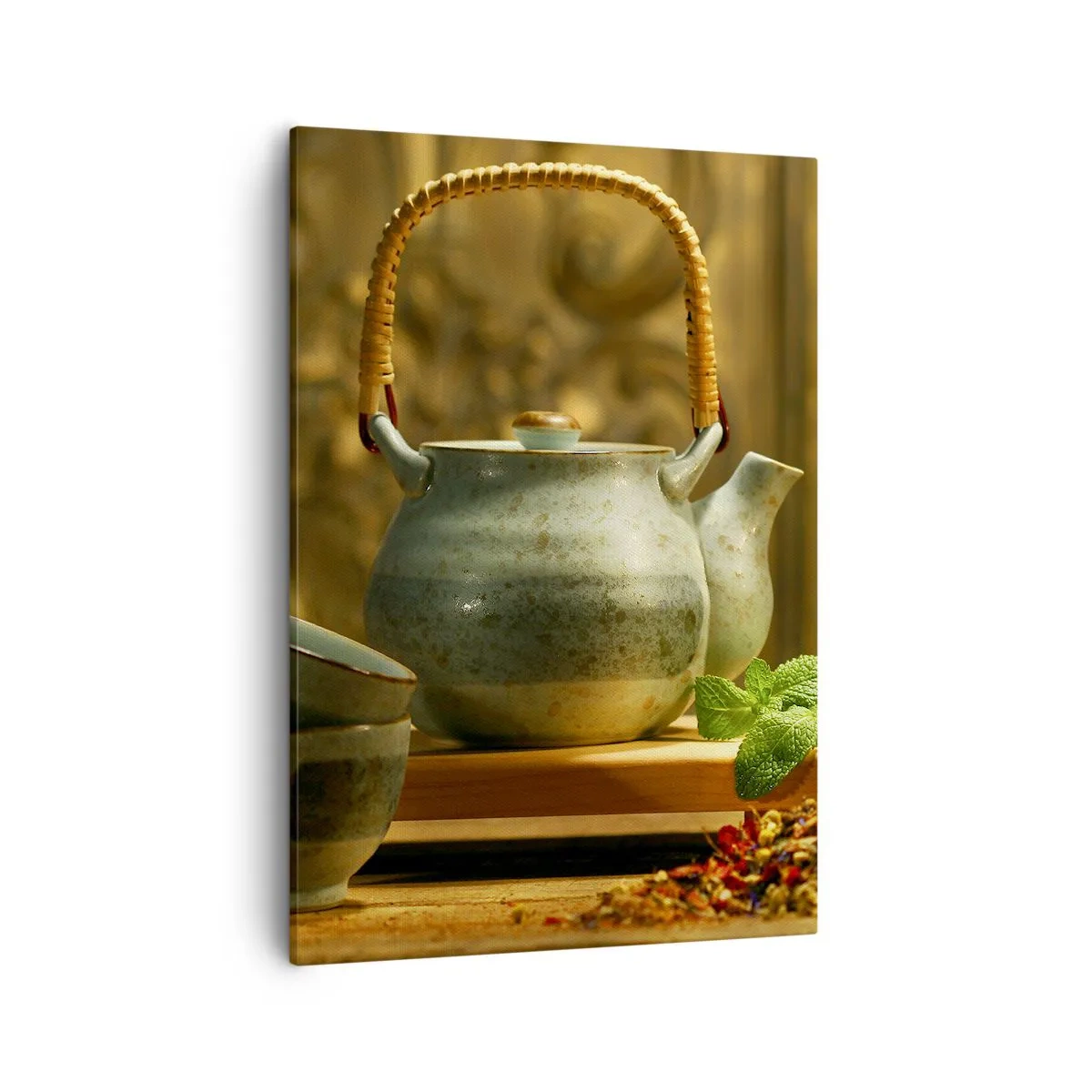 Bild auf Leinwand - Leinwandbild - Keramikkrug mit Tassen und getrocknetem Tee - 50x70cm - Abhandlung über das Teetrinken - Moderne Wanddekoration für Wohnzimmer und Schlafzimmer ARTTOR