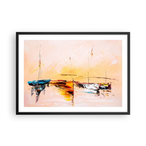Poster in einem schwarzem Rahmen - Bunte Boote auf ruhigem Wasser bei Sonnenuntergang - 70x50cm - Abend im Yachthafen - Moderne Wanddekoration für Wohnzimmer und Schlafzimmer ARTTOR