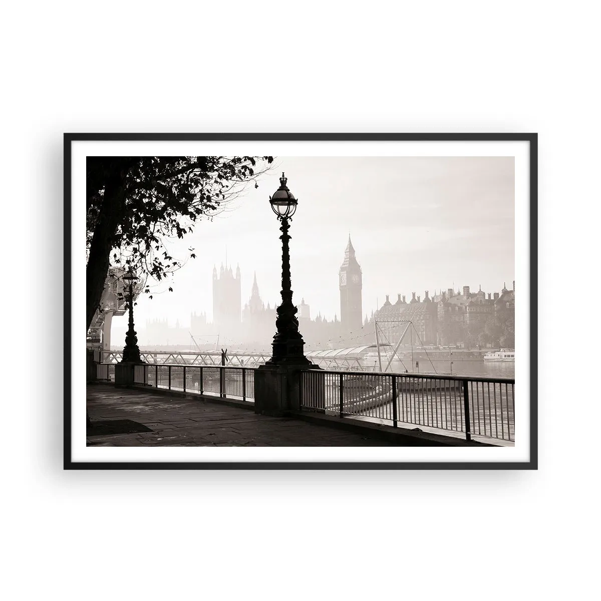 Poster in einem schwarzem Rahmen - Eine monochrome Ansicht von Big Ben und der Themse. - 100x70cm - Londoner Morgen - Moderne Wanddekoration für Wohnzimmer und Schlafzimmer ARTTOR