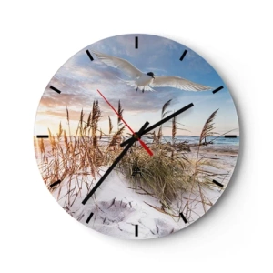 Wanduhr - Glasuhr - Strand bei Sonnenuntergang mit einem Vogel, der über die Dünen fliegt - 30x30cm - Wind vom Meer - Moderne Wanddekoration für Wohnzimmer, Küche und Schlafzimmer ARTTOR