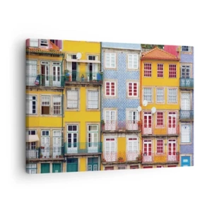 Bild auf Leinwand - Leinwandbild - Bunte Fassaden von Mietshäusern im Stadtbild - 70x50cm - Farben der Altstadt - Moderne Wanddekoration für Wohnzimmer und Schlafzimmer ARTTOR