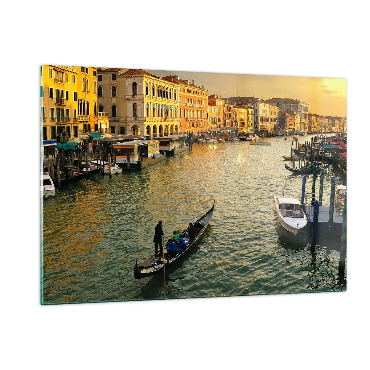 Glasbild - Bild auf glas - Sonnenuntergang über einem Kanal in Venedig mit Gondeln - 120x80cm - Auf der Sonnenseite der Straße - Moderne Wanddekoration für Wohnzimmer und Schlafzimmer ARTTOR