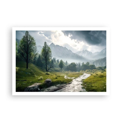 Poster - Eine Berglandschaft mit einem Fluss und Bäumen, umgeben von nebligen Bergen - 100x70cm - Hin und zurück - Moderne Wanddekoration für Wohnzimmer und Schlafzimmer ARTTOR