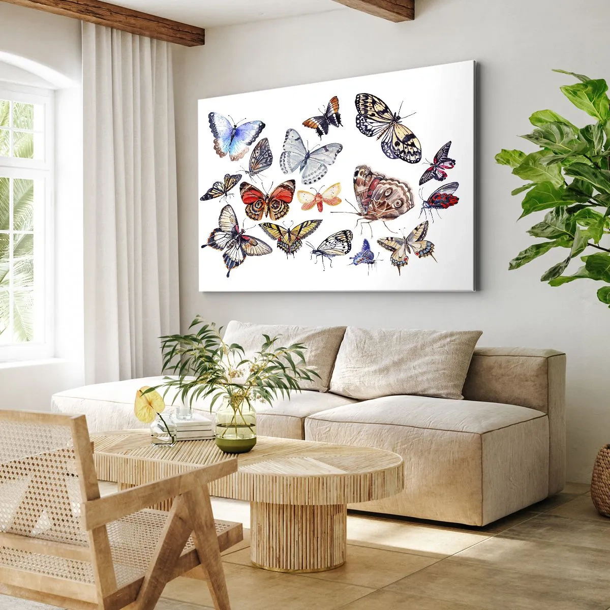 Bild auf Leinwand - Leinwandbild - Bunte Schmetterlinge auf weißem Hintergrund - 70x50cm - Spitzen, bunter Schwarm - Moderne Wanddekoration für Wohnzimmer und Schlafzimmer ARTTOR