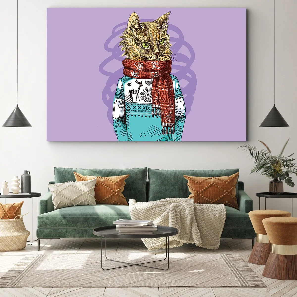 Bild auf Leinwand - Leinwandbild - Eine Katze in Pullover und Schal auf violettem Hintergrund - 100x70cm - Die Katze nicht nur in Schuhen - Moderne Wanddekoration für Wohnzimmer und Schlafzimmer ARTTOR