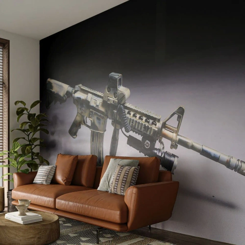 Fototapete Premium Canvas - Moderne Waffe in Tarnfarbe auf dunklem Hintergrund - 100x70cm - Immer bedrohlich - Moderne Wanddekoration für Wohnzimmer und Schlafzimmer ARTTOR