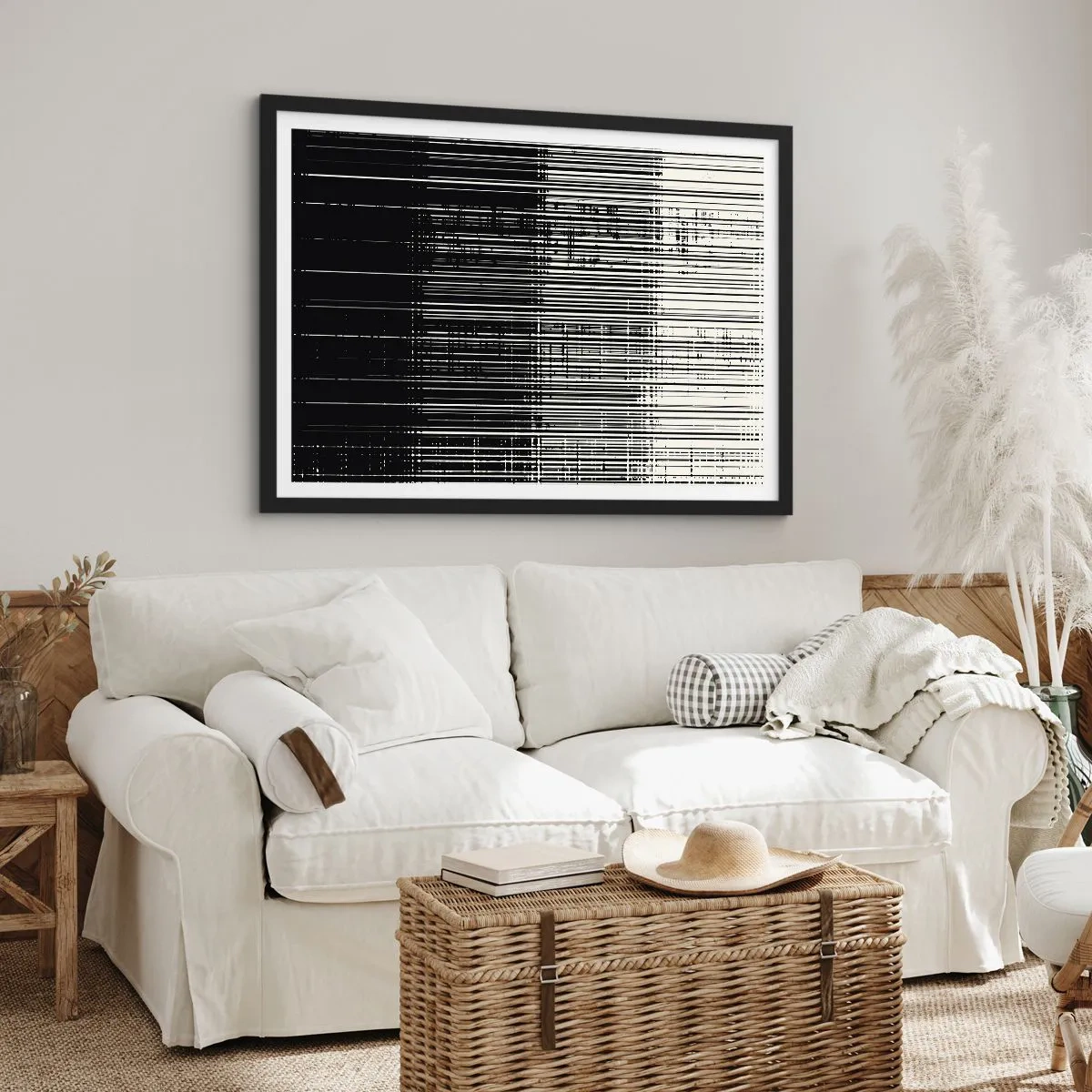 Poster in einem schwarzem Rahmen - Abstrakte Linienkomposition in kontrastierendem Schwarz und Weiß - 70x50cm - Wellen und Vibrationen - Moderne Wanddekoration für Wohnzimmer und Schlafzimmer ARTTOR