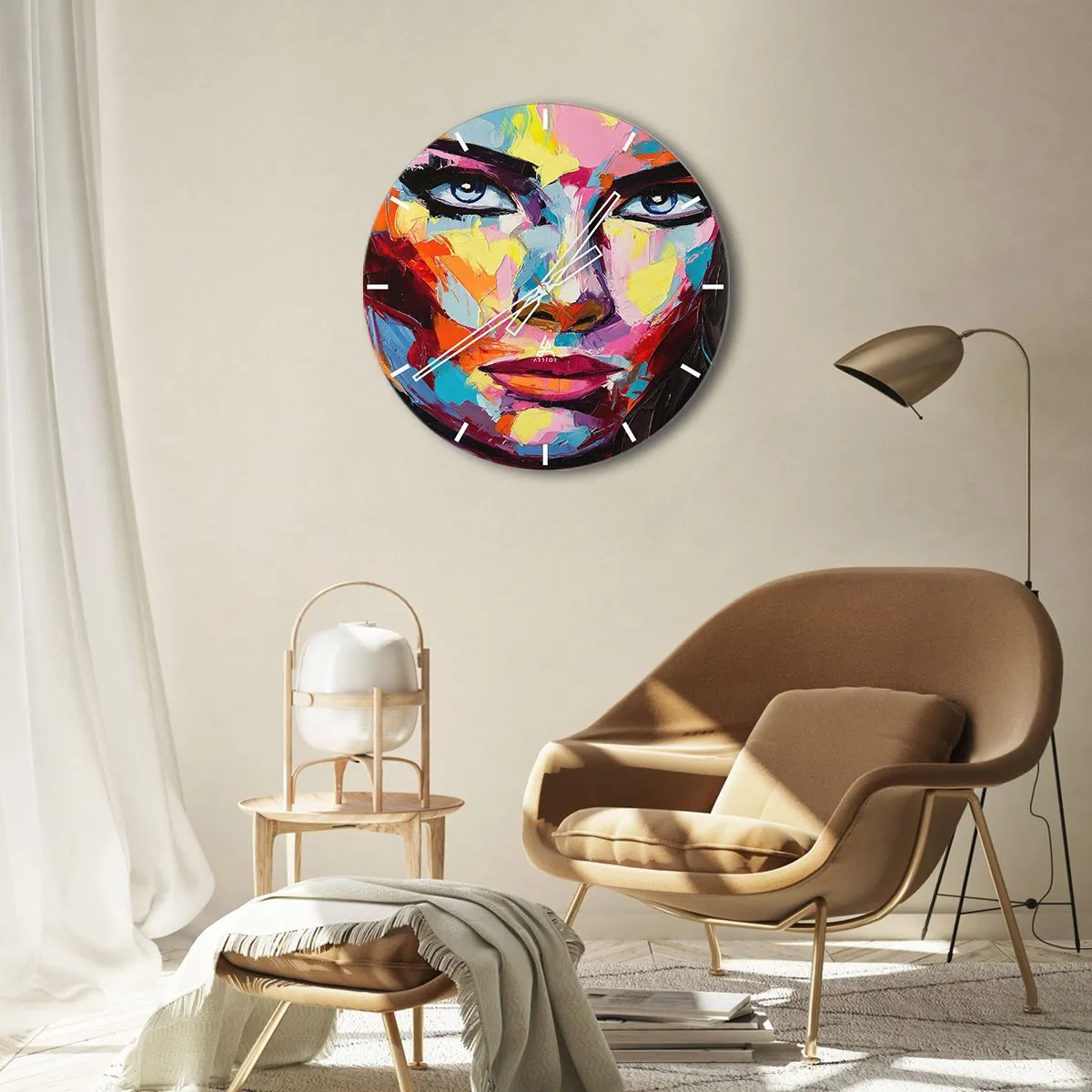 Wanduhr - Glasuhr - Abstraktes Porträt einer Frau in lebendigen Farben - 30x30cm - Auch die Seele ist bunt - Moderne Wanddekoration für Wohnzimmer, Küche und Schlafzimmer ARTTOR