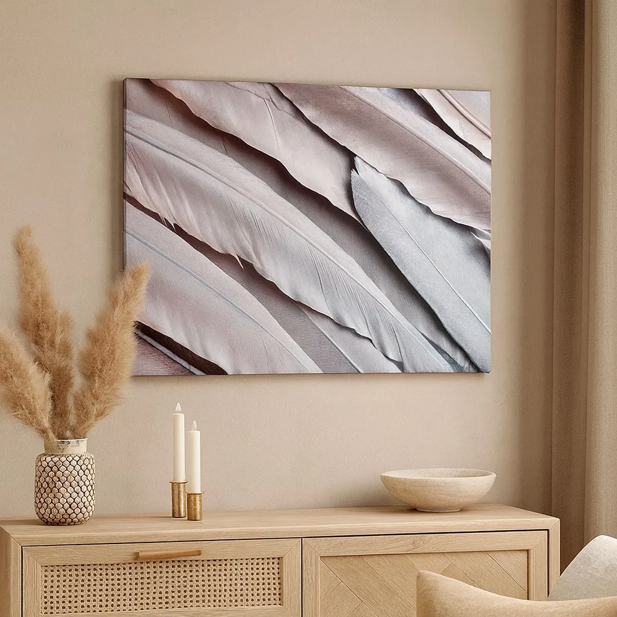 Bild auf Leinwand - Leinwandbild - Zarte Federn in dezenten Grau- und Beigetönen - 70x50cm - In rosa Silber - Moderne Wanddekoration für Wohnzimmer und Schlafzimmer ARTTOR