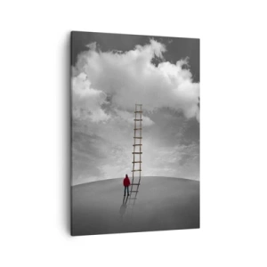 Bild auf Leinwand - Leinwandbild - Eine Person in einem roten Mantel und eine Leiter, die zu einer Wolke führt - 50x70cm - Alles ist möglich - Moderne Wanddekoration für Wohnzimmer und Schlafzimmer ARTTOR