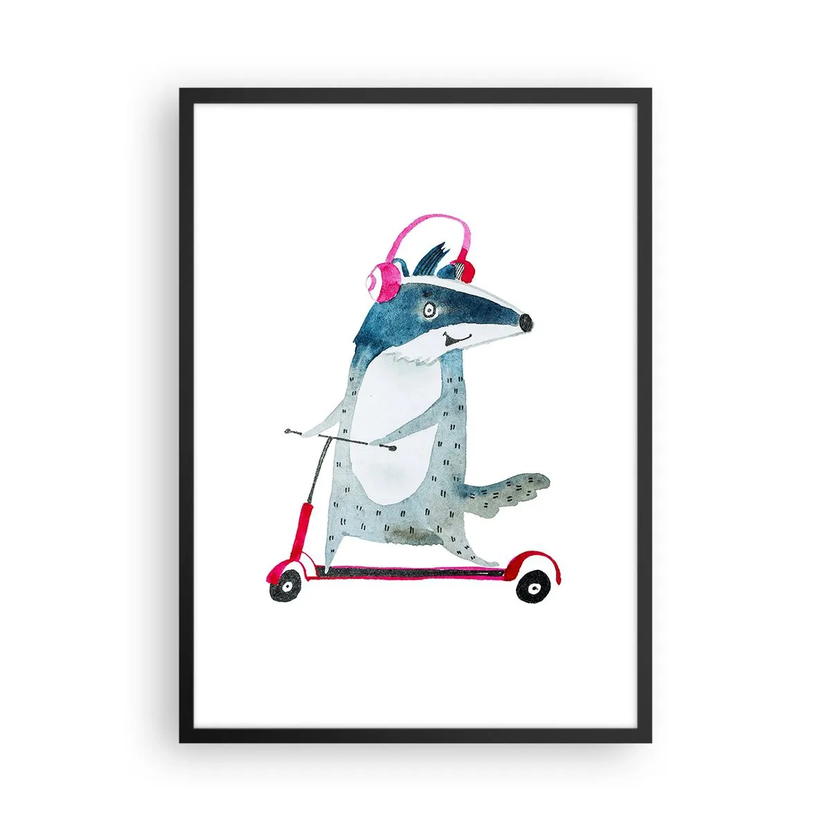 Poster in einem schwarzem Rahmen - Abbildung eines Dachses auf einem Roller mit rosa Kopfhörern - 50x70cm - Dachsfreude - Moderne Wanddekoration für Wohnzimmer und Schlafzimmer ARTTOR