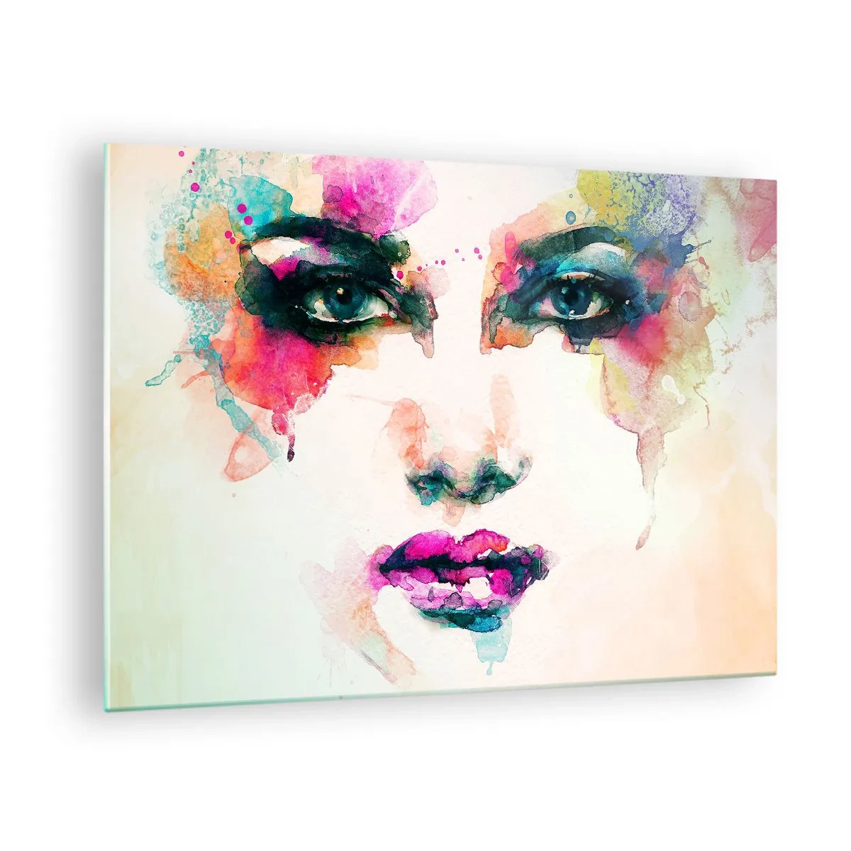 Glasbild - Bild auf glas - Porträt einer Frau in Aquarellfarben und Details - 70x50cm - Ein mit einem Regenbogen gemaltes Porträt - Moderne Wanddekoration für Wohnzimmer und Schlafzimmer ARTTOR
