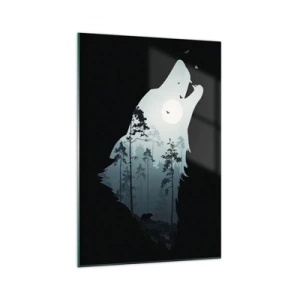 Glasbild - Bild auf glas - Silhouette eines Wolfes mit Wald und Mond im Hintergrund - 70x100cm - Die Stimme der Waldnacht - Moderne Wanddekoration für Wohnzimmer und Schlafzimmer ARTTOR