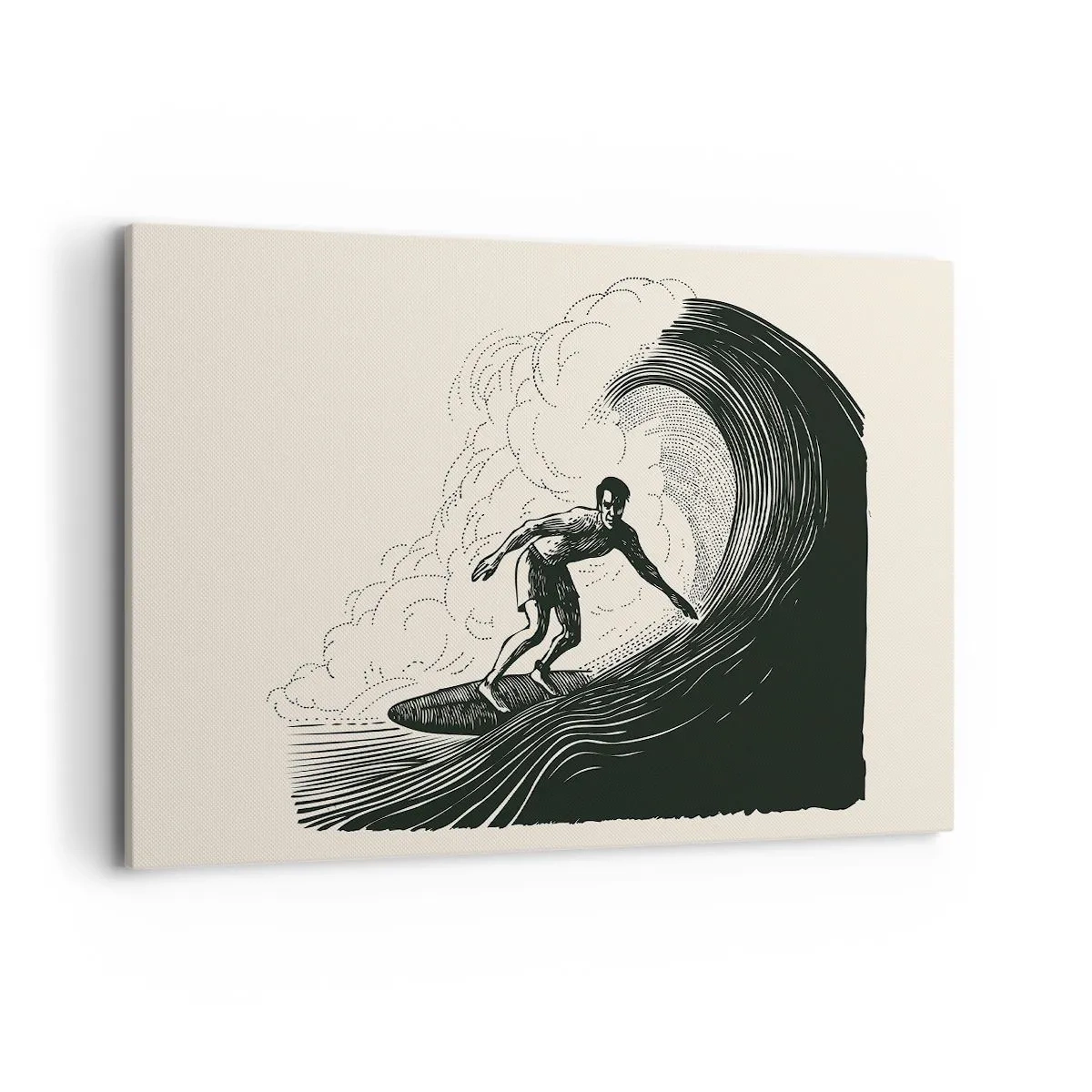 Bild auf Leinwand - Leinwandbild - Schwarz-Weiß-Grafik eines Surfers, der auf einer Welle reitet - 120x80cm - König der Welle - Moderne Wanddekoration für Wohnzimmer und Schlafzimmer ARTTOR