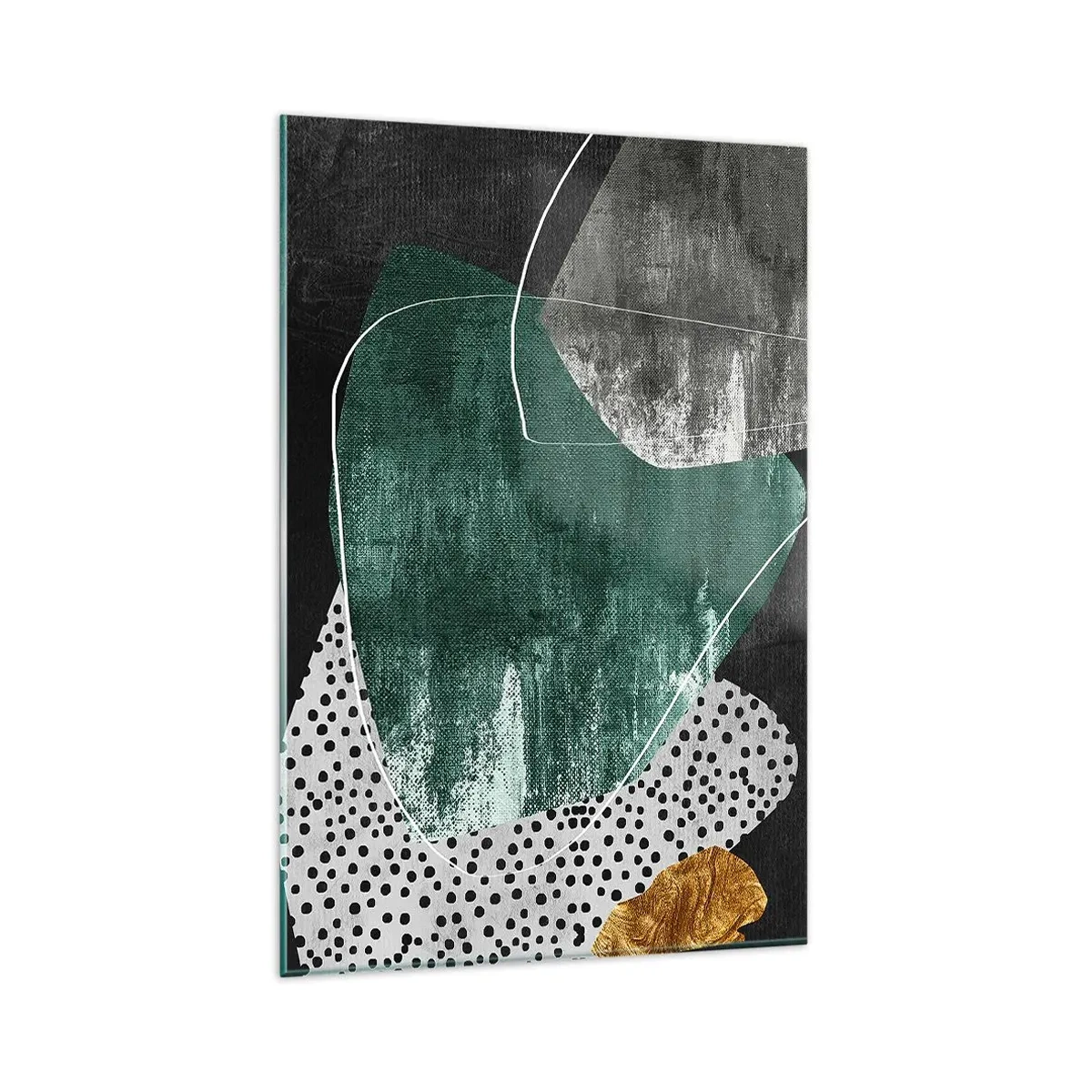 Glasbild - Bild auf glas - Abstrakte Komposition mit grünen Formen und Punktmustern - 80x120cm - Bunte Abstraktion mit Blattgold - Moderne Wanddekoration für Wohnzimmer und Schlafzimmer ARTTOR