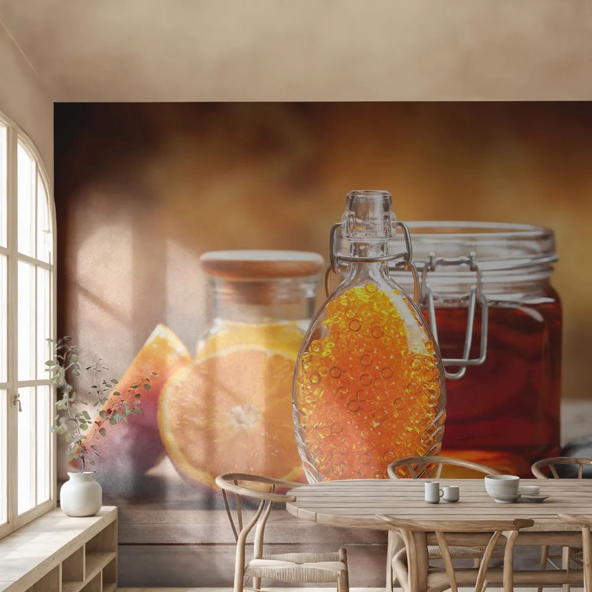 Fototapete Premium Canvas - Sonnige Aromen und Düfte - Gastronomie, Orange, Glas mit Honig - 250x175 cm