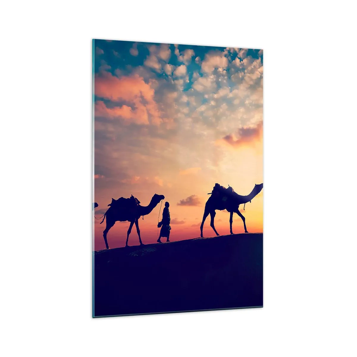 Glasbild - Bild auf glas - Eine Karawane von Kamelen wandert bei Sonnenuntergang durch die Wüste - 70x100cm - Der geheimnisvolle Geist des Orients - Moderne Wanddekoration für Wohnzimmer und Schlafzimmer ARTTOR