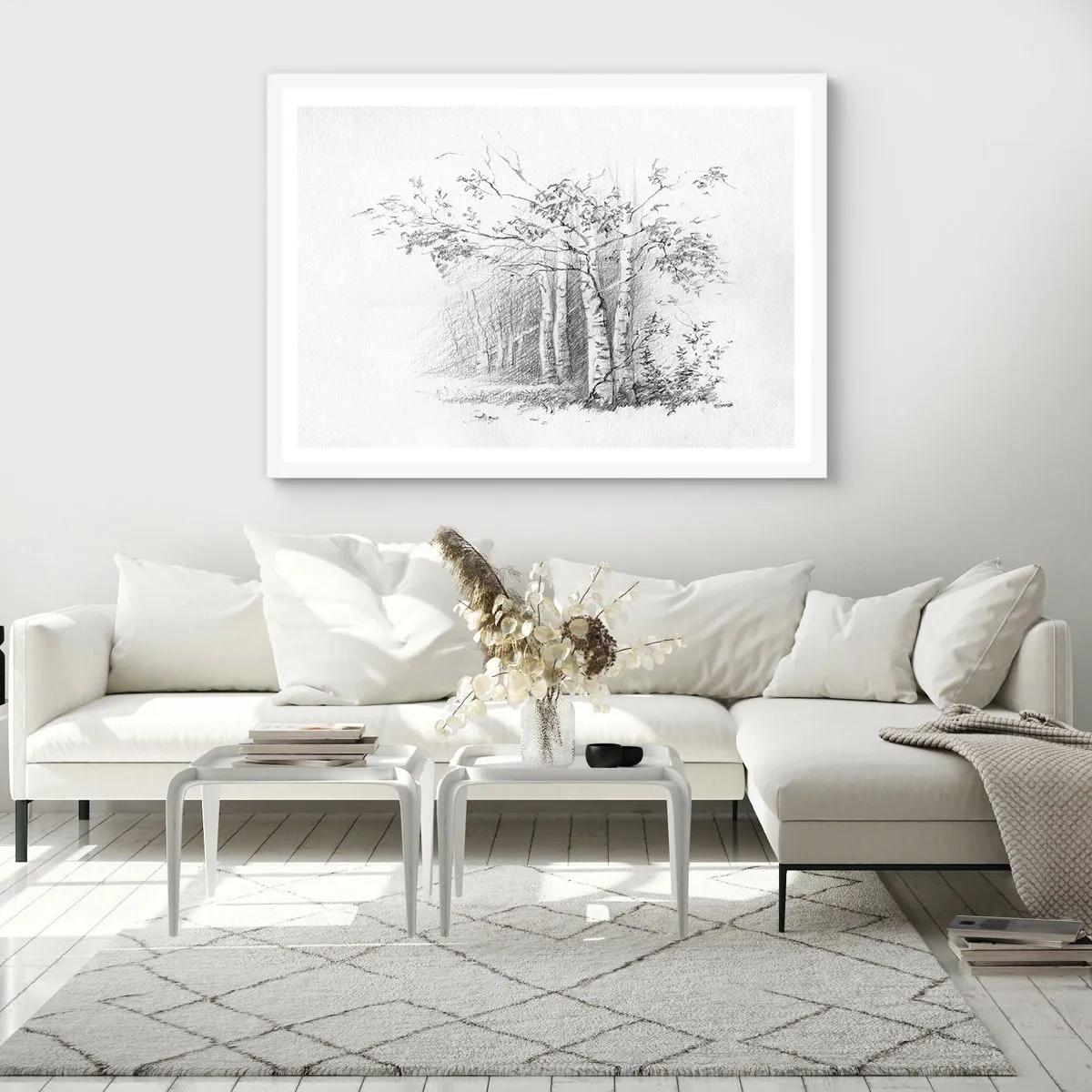 Poster in einem weißen Rahmen - Das Licht des Birkenwaldes - 40x30 cm