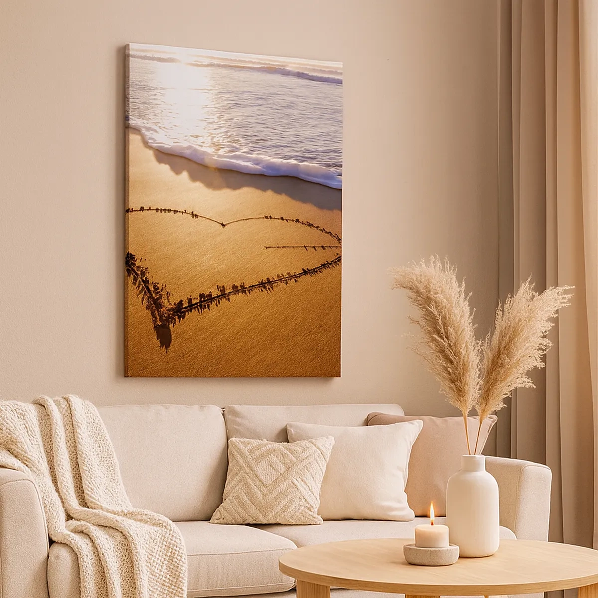 Bild auf Leinwand - Leinwandbild - Ein Herz aus Sand am Strand bei Sonnenuntergang - 50x70cm - Urlaubsgeständnis - Moderne Wanddekoration für Wohnzimmer und Schlafzimmer ARTTOR