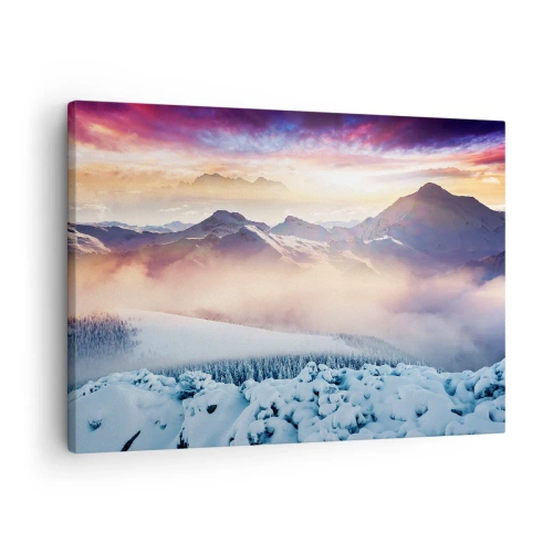 Bild auf Leinwand - Leinwandbild - Schneebedeckte Berge im Morgengrauen mit einem farbenfrohen Himmel - 70x50cm - Die Kraft und Reinheit der Natur - Moderne Wanddekoration für Wohnzimmer und Schlafzimmer ARTTOR