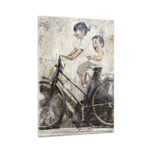 Glasbild - Bild auf glas - Ein Wandbild mit einem Fahrrad und Kinderfiguren vor einem Wandhintergrund. - 50x70cm - Richtig oder falsch? - Moderne Wanddekoration für Wohnzimmer und Schlafzimmer ARTTOR