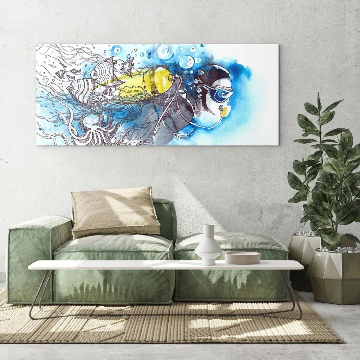 Glasbild - Bild auf glas - Unterwasserszene mit einem Taucher und exotischen Fischen - 140x50cm - Tolles Blau - Moderne Wanddekoration für Wohnzimmer und Schlafzimmer ARTTOR