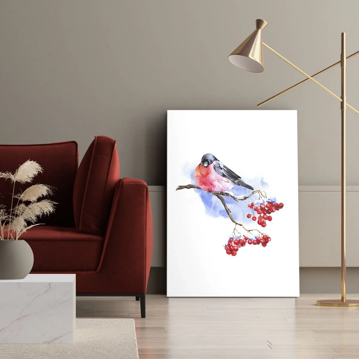 Bild auf Leinwand - Leinwandbild - Vogel auf einem Zweig mit roten Früchten im Aquarellhintergrund - 50x70cm - Winter in Farbe - Moderne Wanddekoration für Wohnzimmer und Schlafzimmer ARTTOR