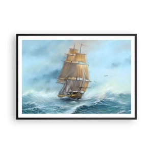 Poster in einem schwarzem Rahmen - Ein Segelschiff auf stürmischer See - 100x70cm - Über die Wellen gleiten - Moderne Wanddekoration für Wohnzimmer und Schlafzimmer ARTTOR