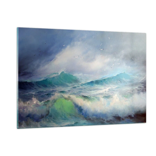 Glasbild - Bild auf glas - Raue Meereswellen mit Vögeln in einem bewölkten Himmel - 120x80cm - Der wind heulte mit Triumph - Moderne Wanddekoration für Wohnzimmer und Schlafzimmer ARTTOR