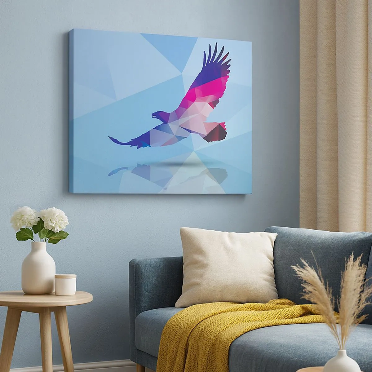 Bild auf Leinwand - Leinwandbild - Geometrische Silhouette eines Adlers im Flug auf blauem Hintergrund - 70x50cm - Adler in lila Kristall - Moderne Wanddekoration für Wohnzimmer und Schlafzimmer ARTTOR