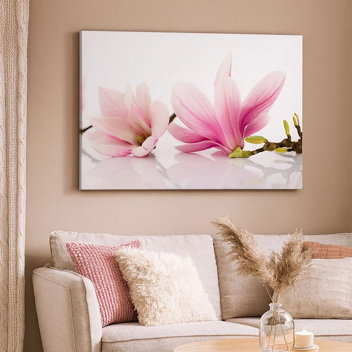 Bild auf Leinwand - Leinwandbild - Zarte rosa Magnolien auf weißem Hintergrund - 70x50cm - Zart wie ein Frühlingswind - Moderne Wanddekoration für Wohnzimmer und Schlafzimmer ARTTOR