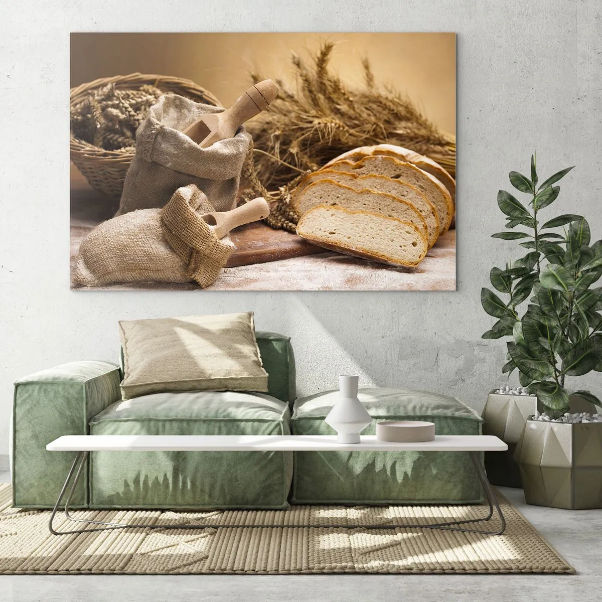 Glasbild - Bild auf glas - Brot, Mehl und Ähren im rustikalen Stil - 100x70cm - Wie mit einem Messer geschnitten - Moderne Wanddekoration für Wohnzimmer und Schlafzimmer ARTTOR